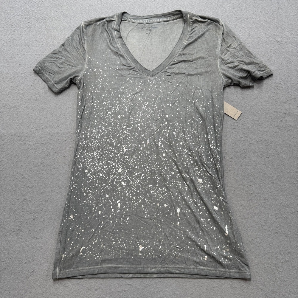 NEW Calvin Klein T-Shirt Women's XS Gray Silver Paint Splatter V-Neck‎ Loose Fit